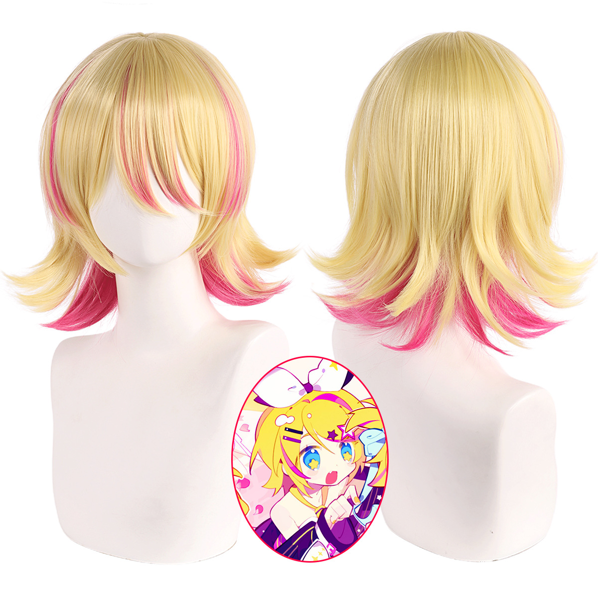 Cosplay Duo Anime - Perruque de Cosplay synthétique courte blonde,